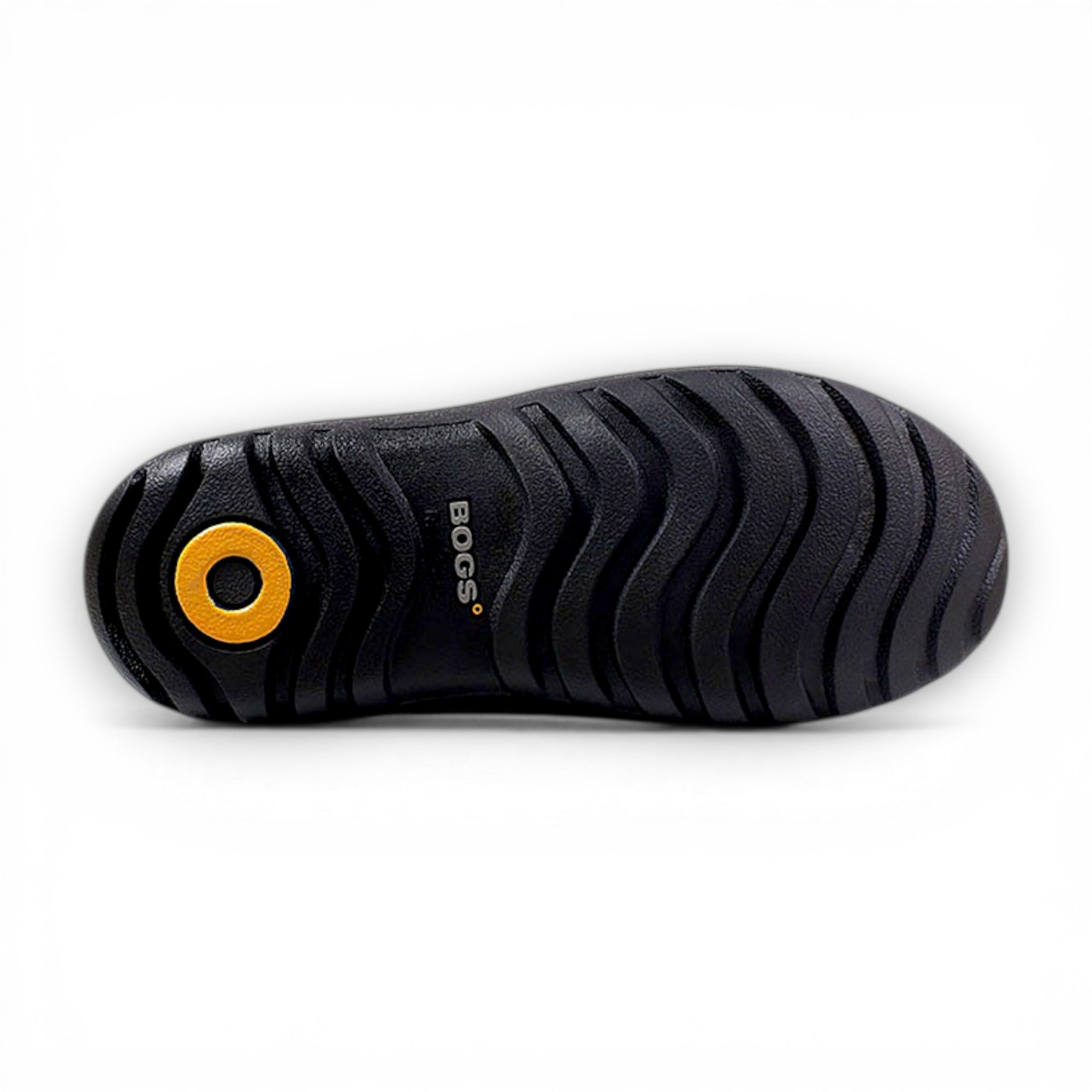 Black sole of a shoe with a yellow circular logo on a white background