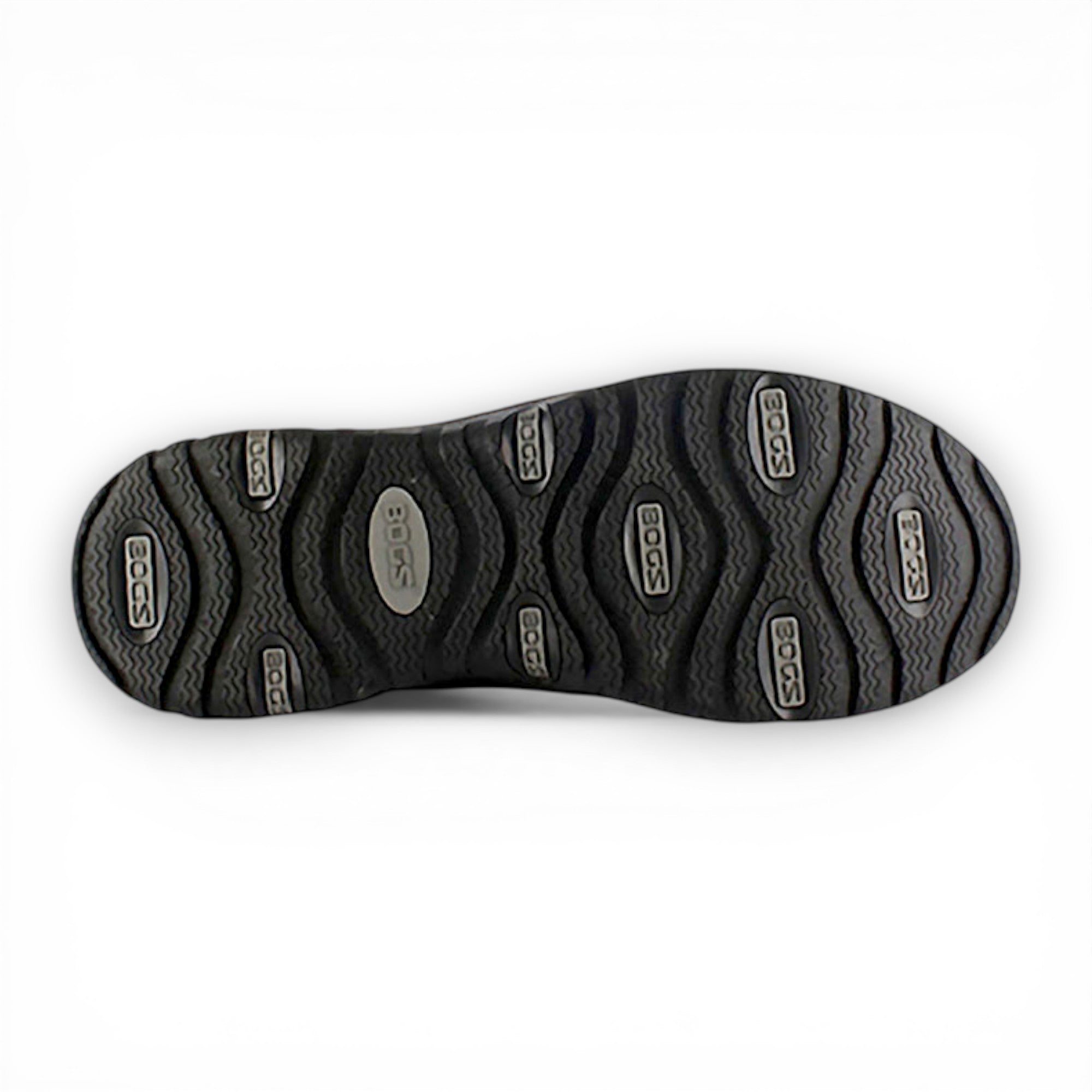 Black shoe sole with brand logo on a white background