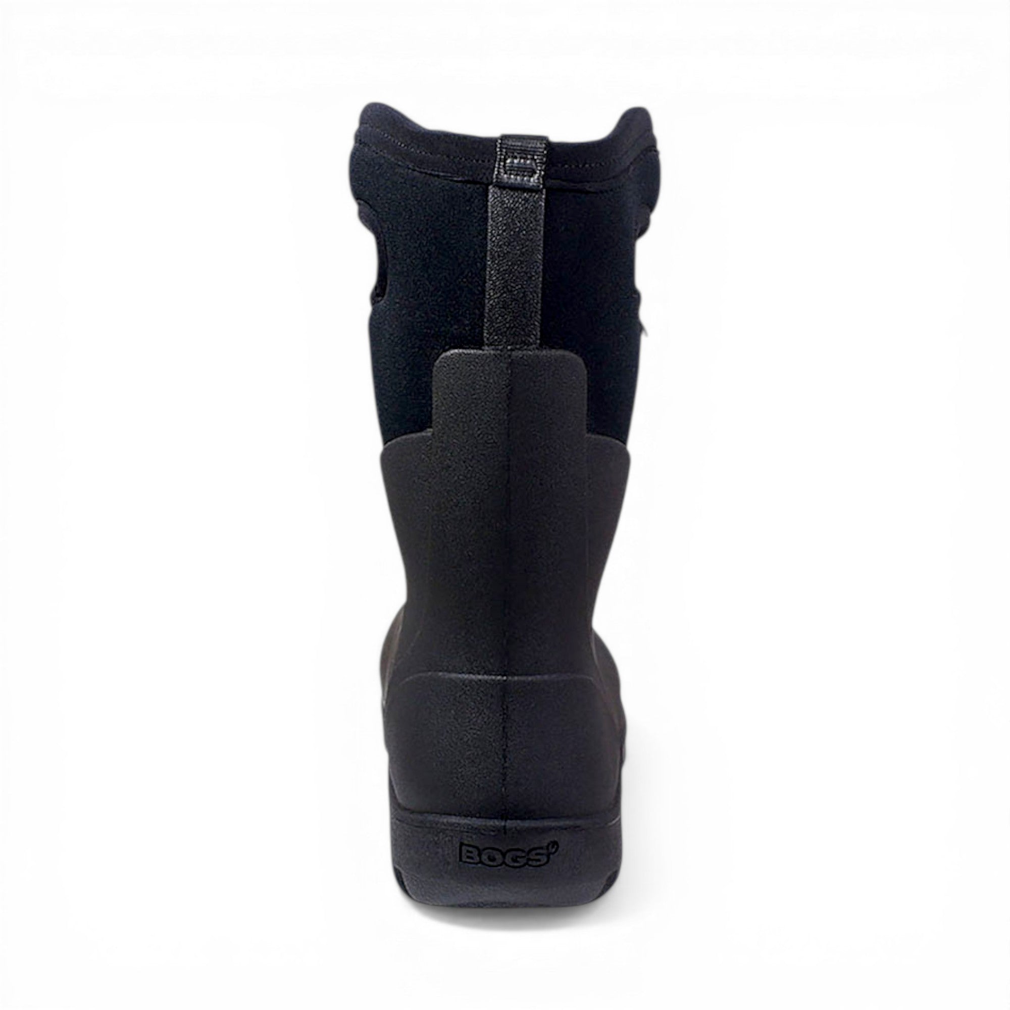 Black snow boot with a visible brand logo on a white background