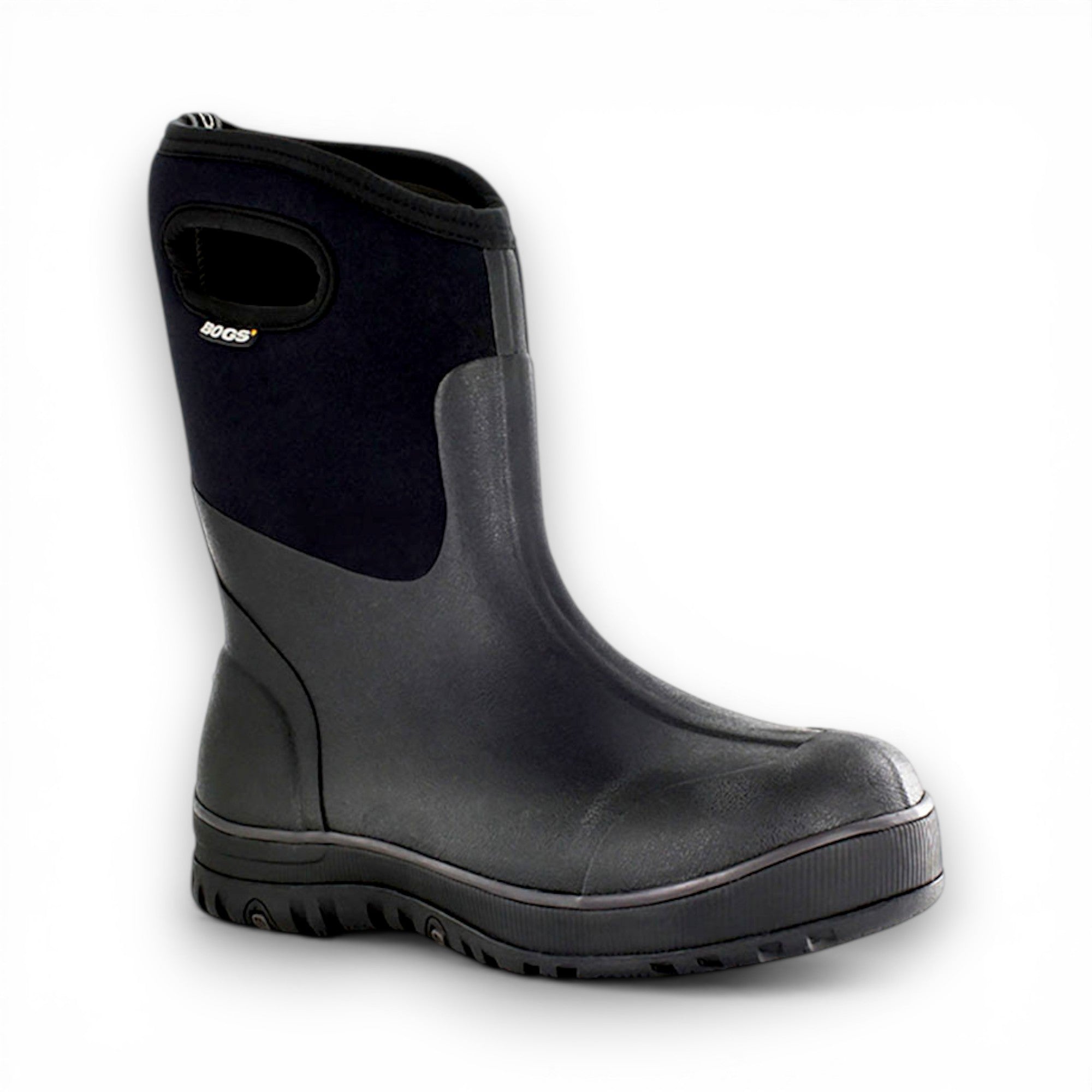 Black rubber boot with a black elastic cuff on a white background