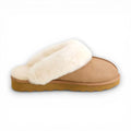 Tan slipper with white fur lining on a white background