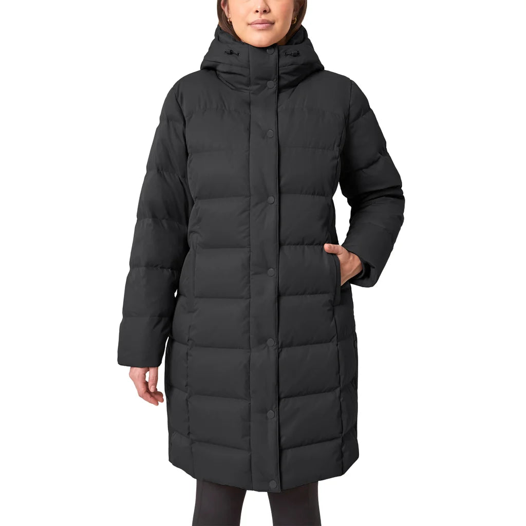 Black puffer coat worn by a person on a white background