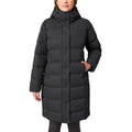Black puffer coat worn by a person on a white background
