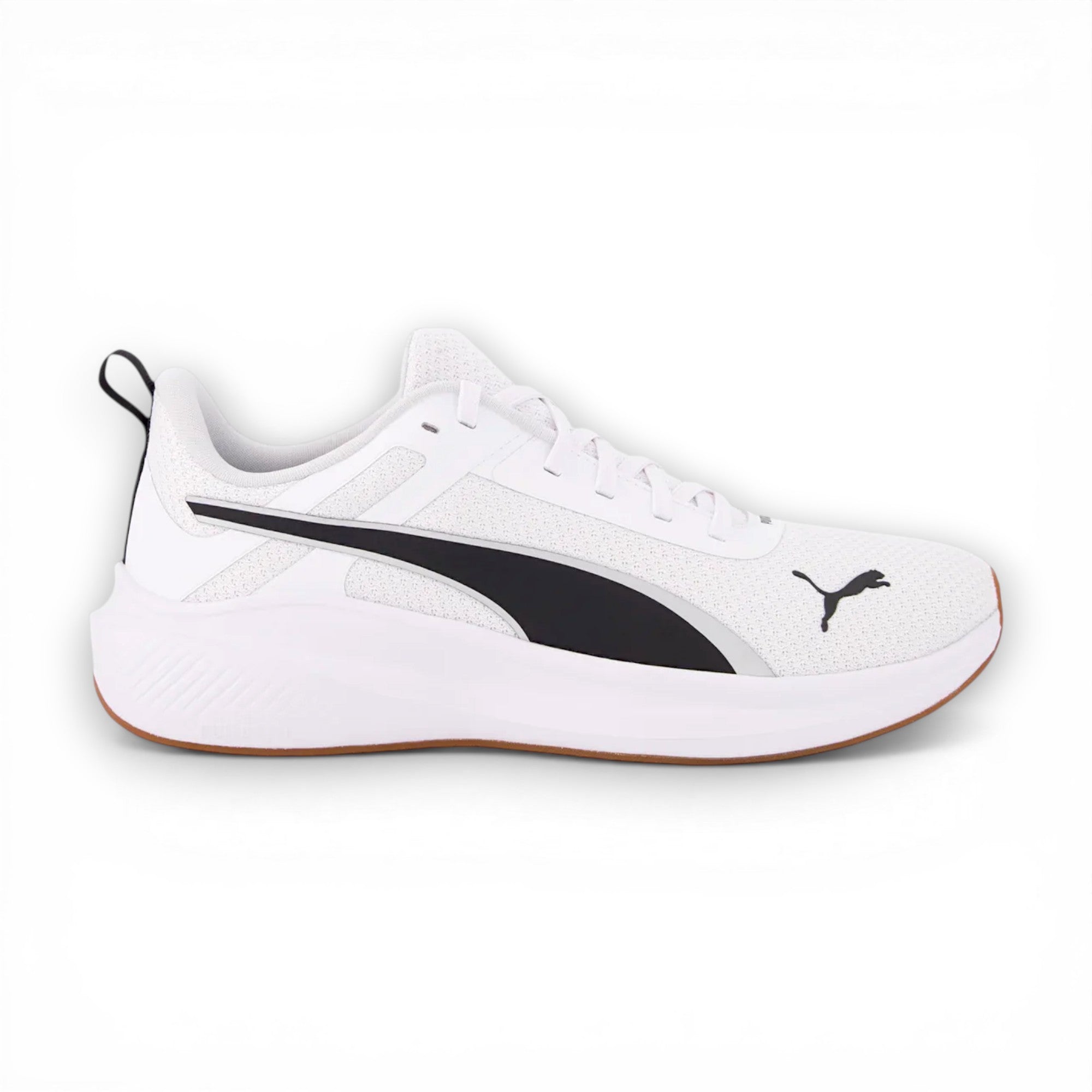 White sneaker with black logo on a white background
