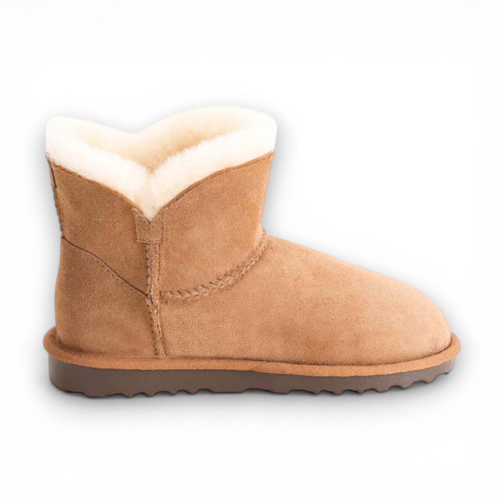 Tan suede boot with white fur lining on a light gray background