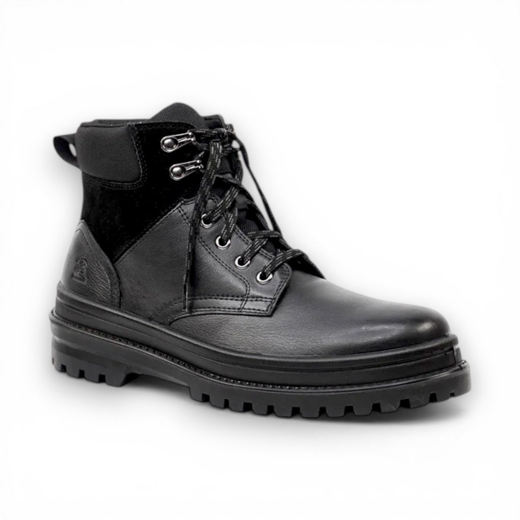 Black leather boot with a white background