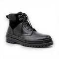 Black leather boot with a white background