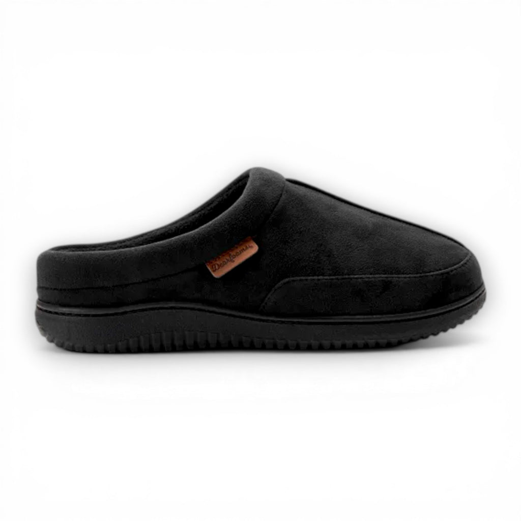 Black slipper with a brand logo on a white background