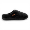Black slipper with a brand logo on a white background