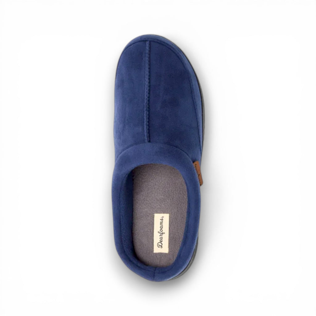 Blue slipper with a visible brand label on a white background