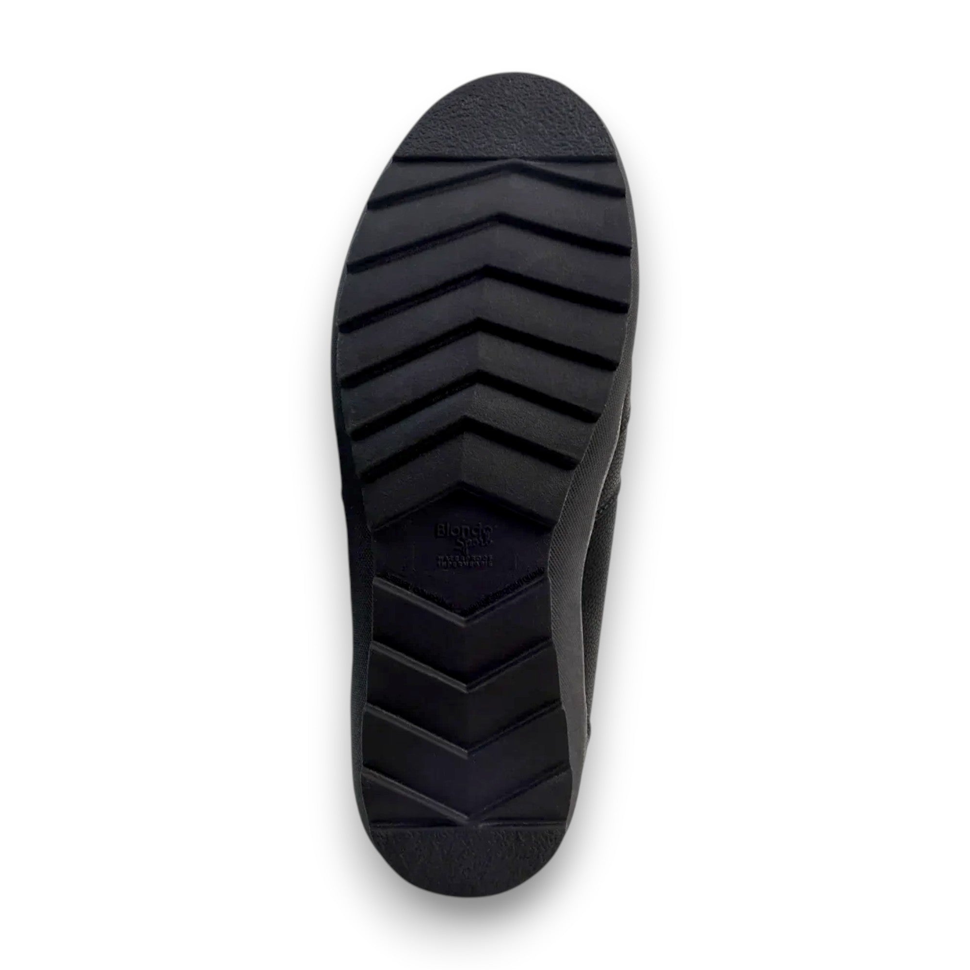 Black shoe sole with tread pattern on a white background