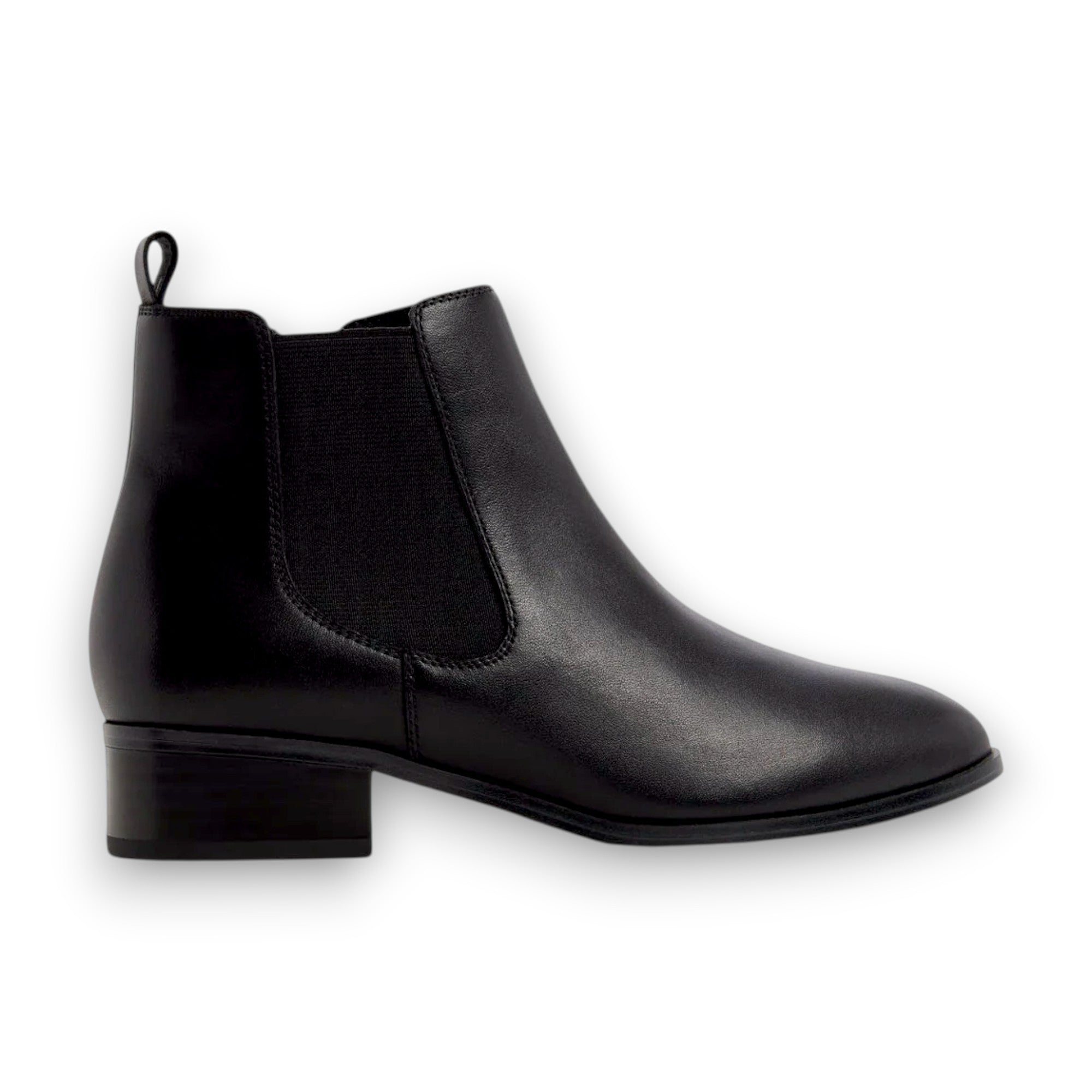 Black leather ankle boot on a white background