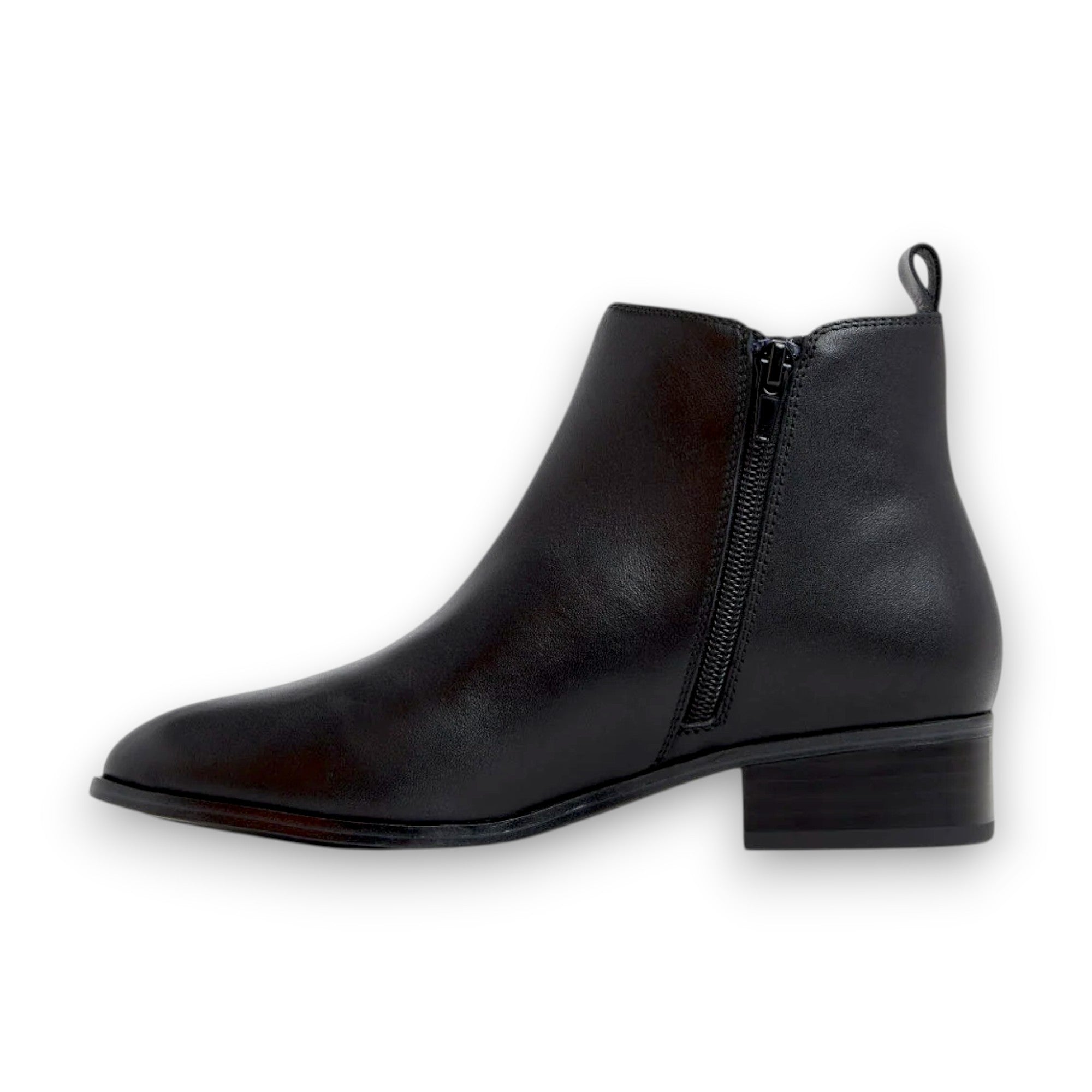Black leather ankle boot with a zipper on a white background