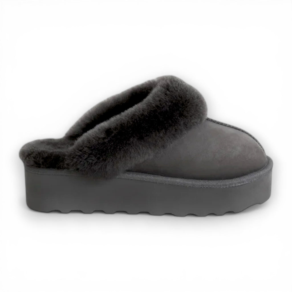 Gray slipper with fuzzy texture on a white background