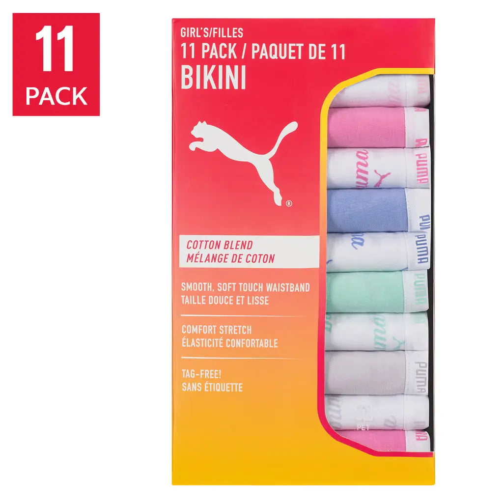 Puma Girls' Cotton Blend Bikini Underwear 11-Pack