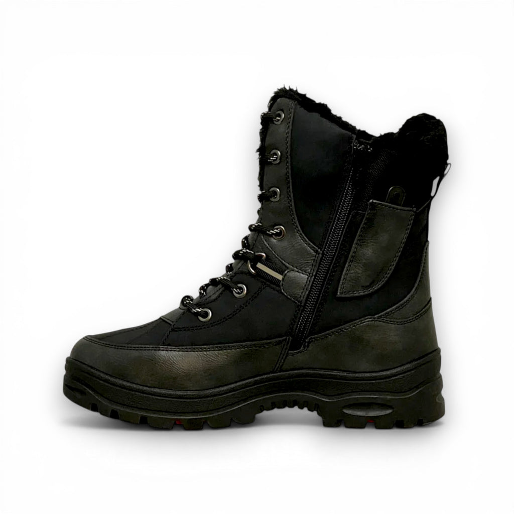 Black boot with fur lining on a white background