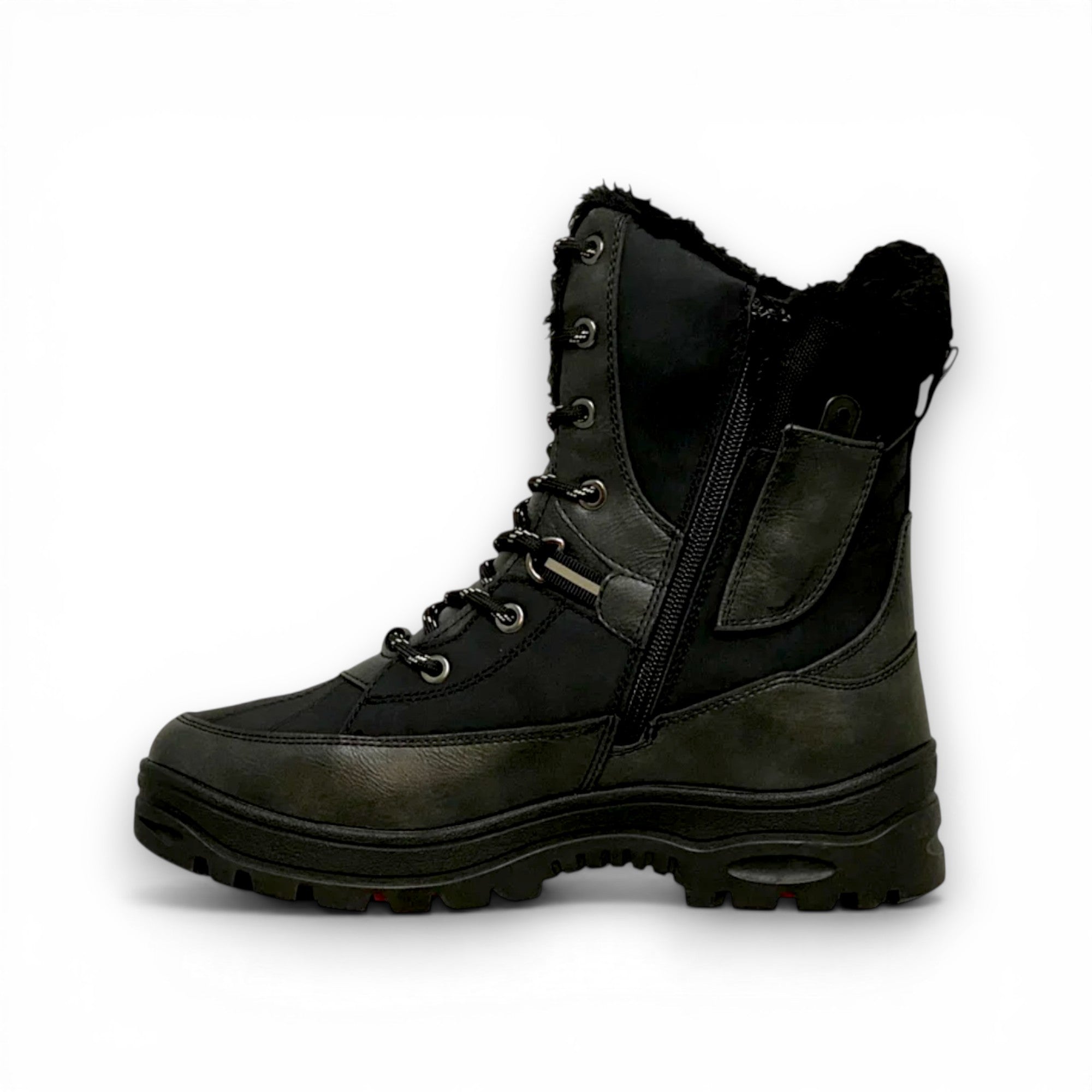 Black boot with fur lining on a white background