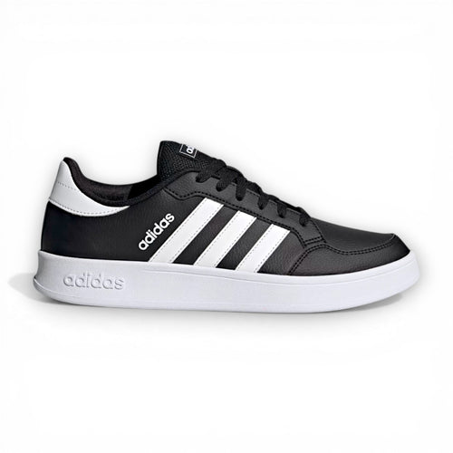 Black Adidas sneaker with white stripes on a white background