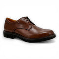 Brown leather dress shoe on a white background