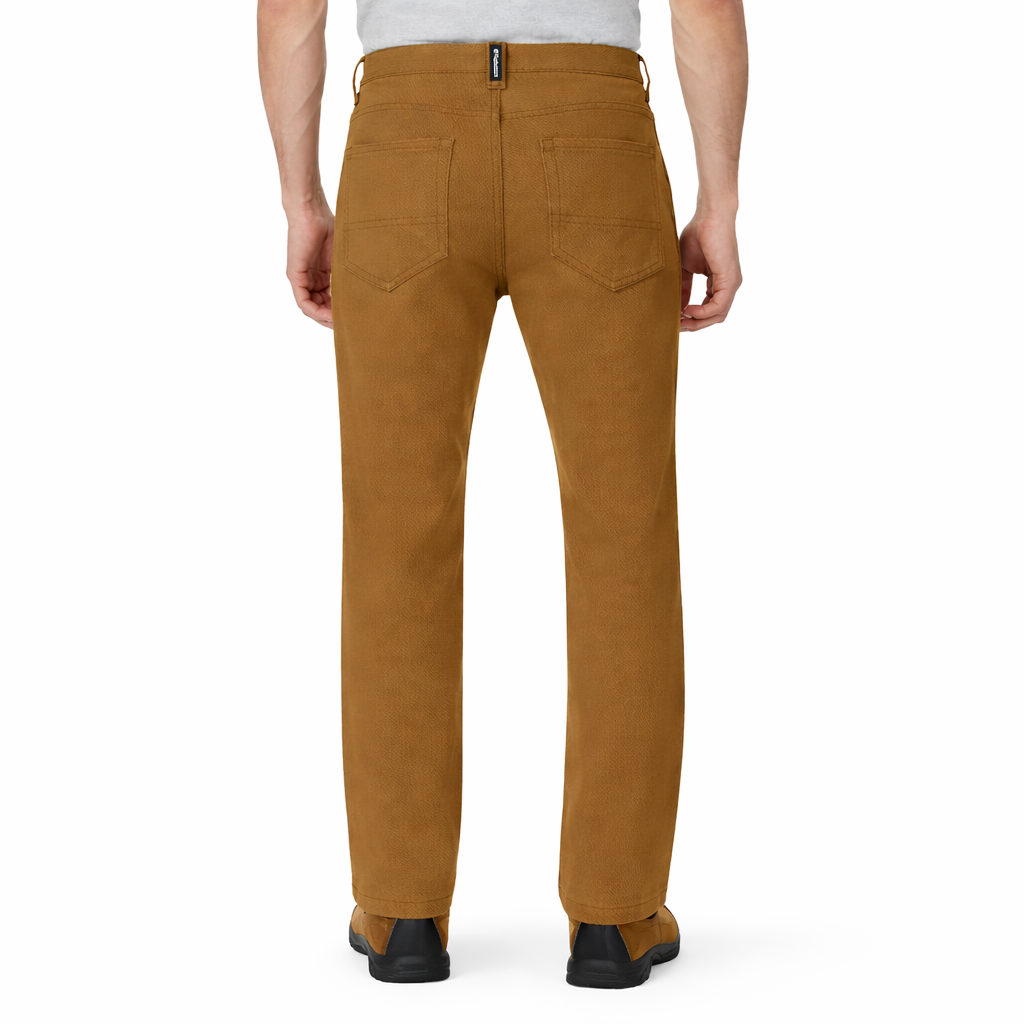 Brown pants worn by a person on a white background