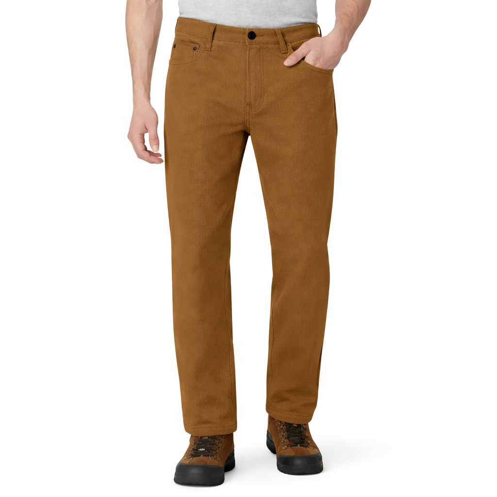 Brown pants worn by a person on a white background