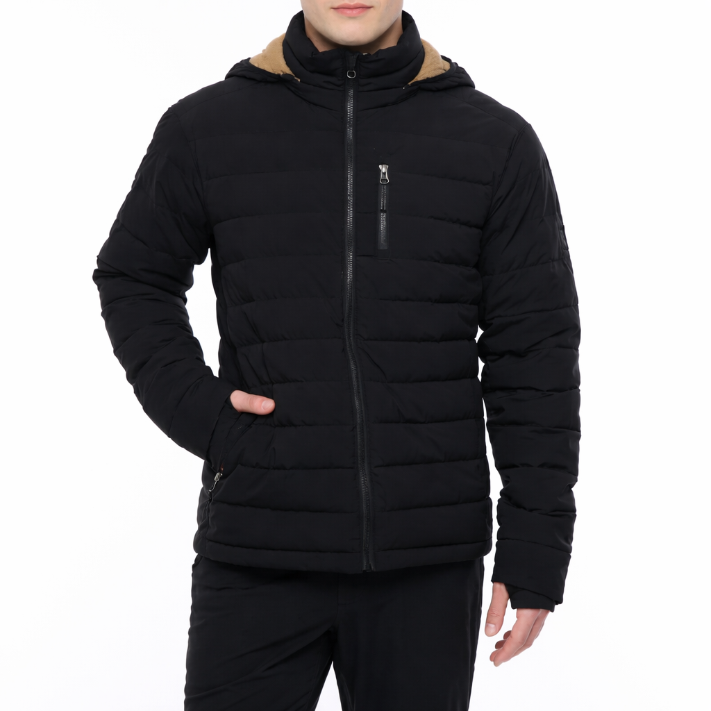 Black puffer jacket with a hood on a white background