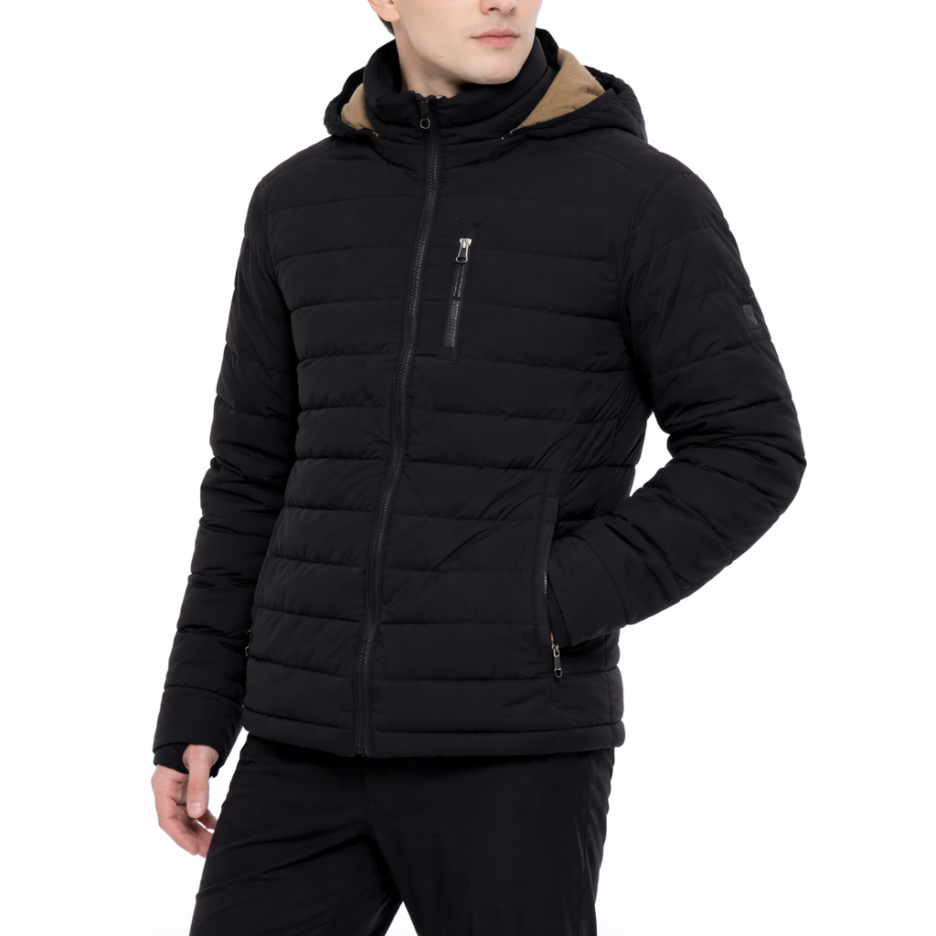 Black puffer jacket worn by a person on a white background
