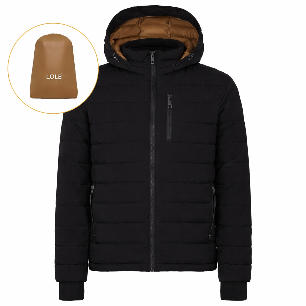Black puffer jacket with brown lining and a close-up of the brand logo on a white background.