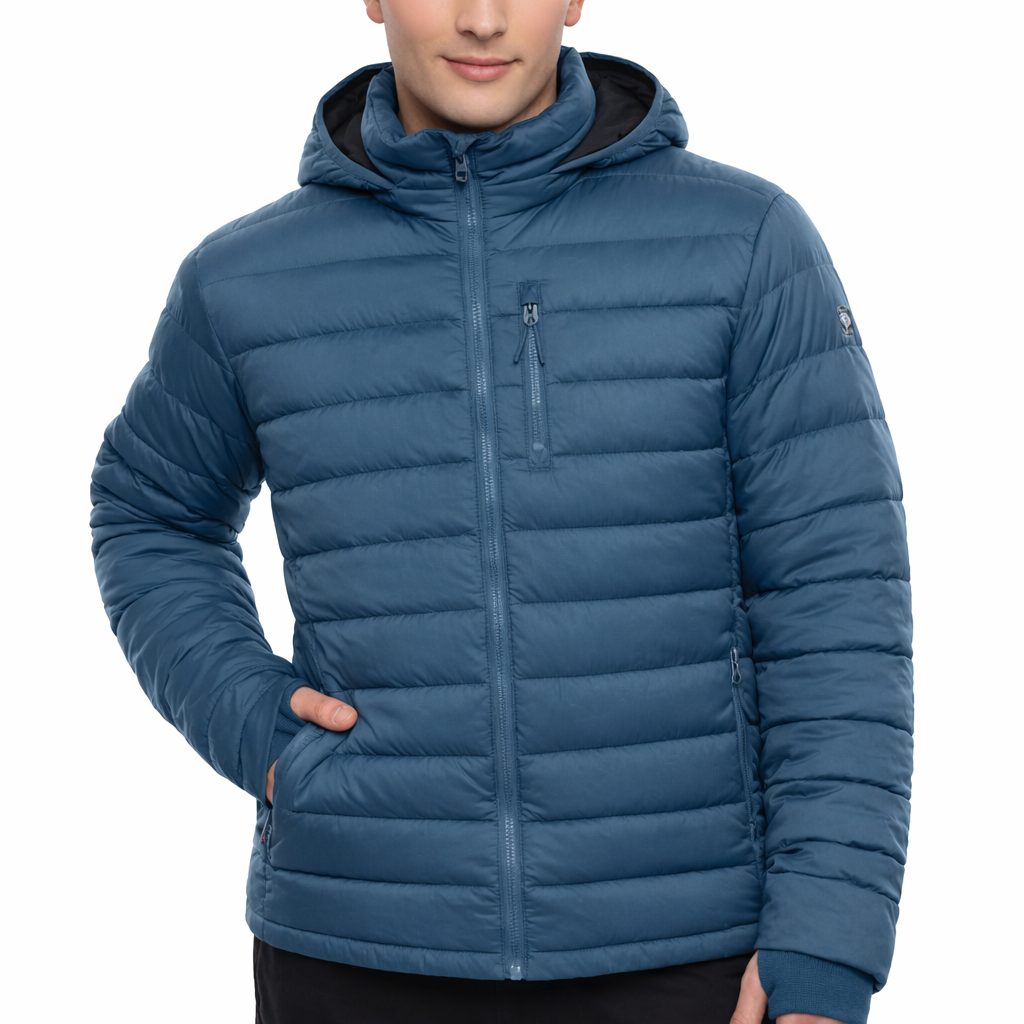 Blue puffer jacket worn by a person on a white background