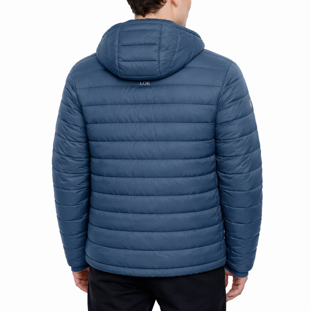 Blue puffer jacket with a hood on a white background