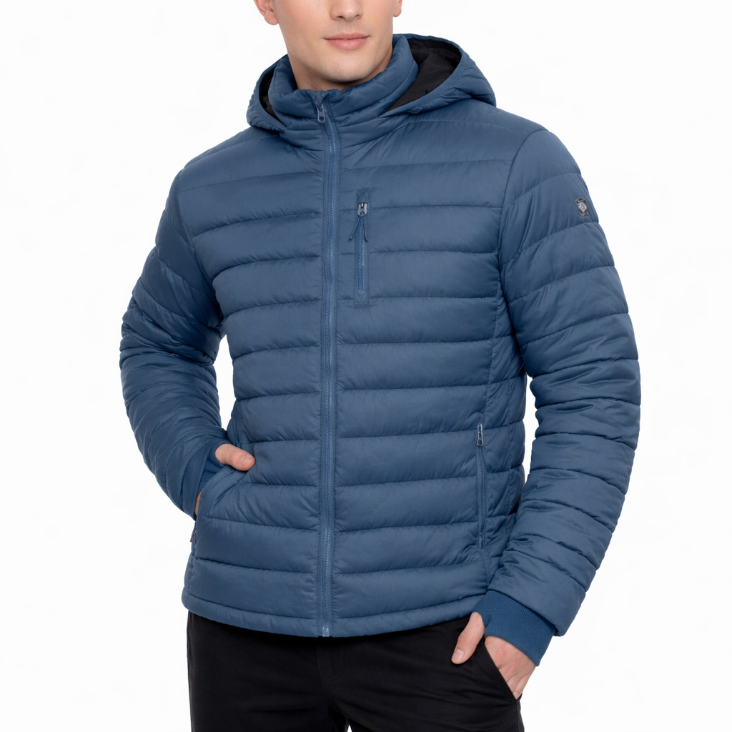 Blue puffer jacket worn by a person on a white background