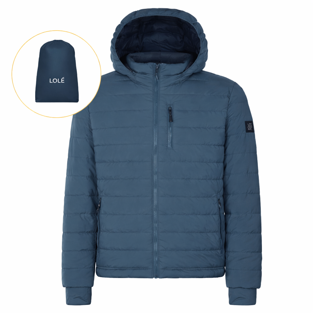Blue puffer jacket with a small inset showing a folded version of the jacket with 'LOLE' branding.