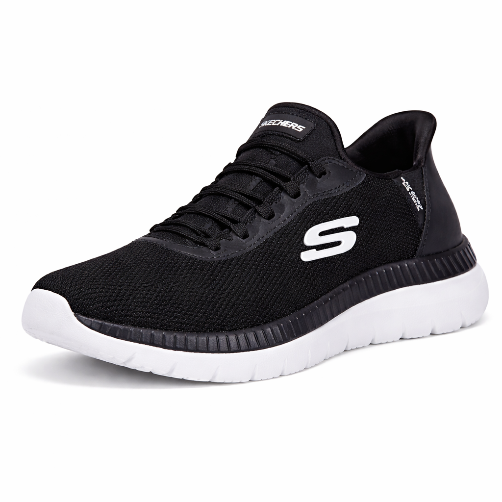 Black sneaker with white sole on a white background