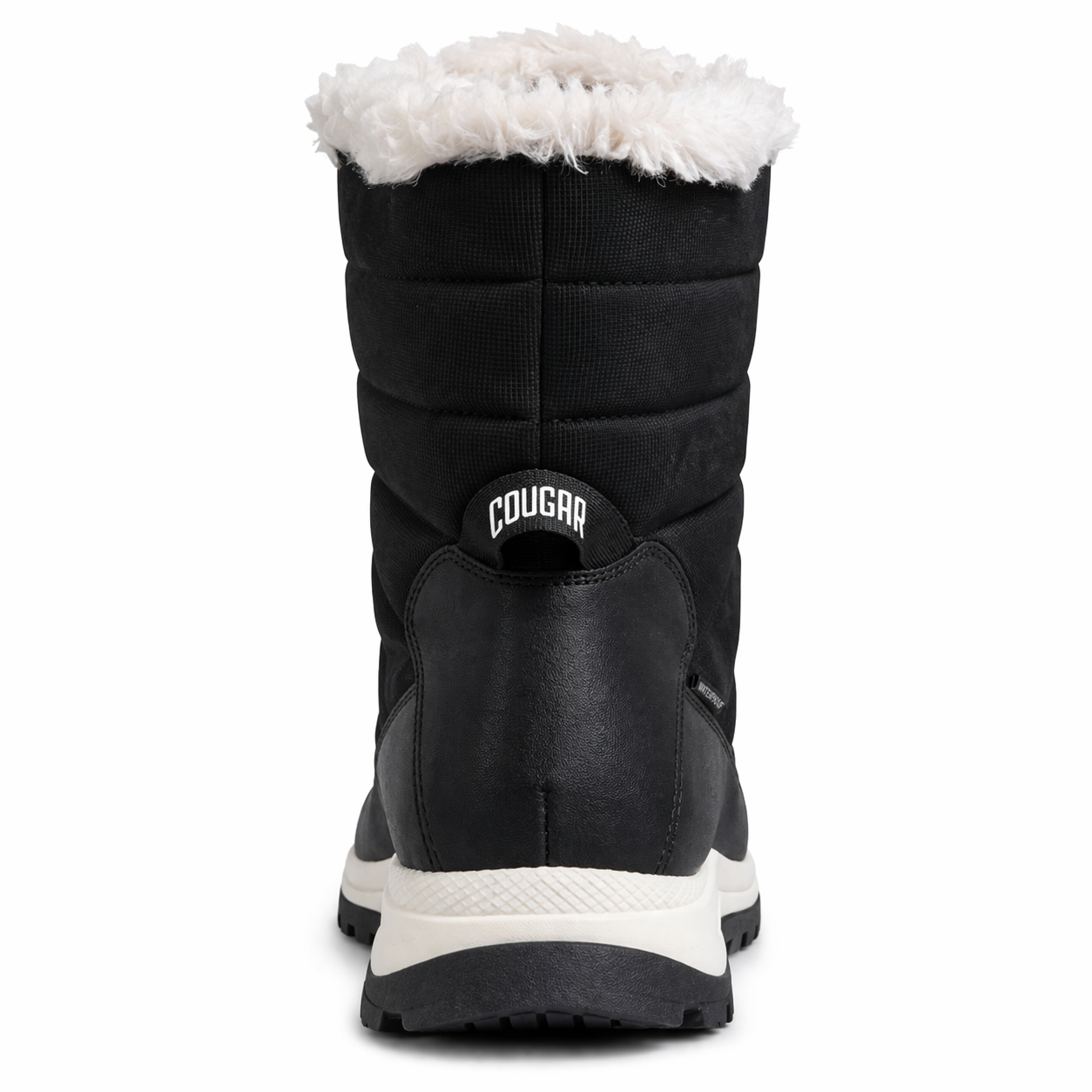 Black winter boot with white fur lining on a white background