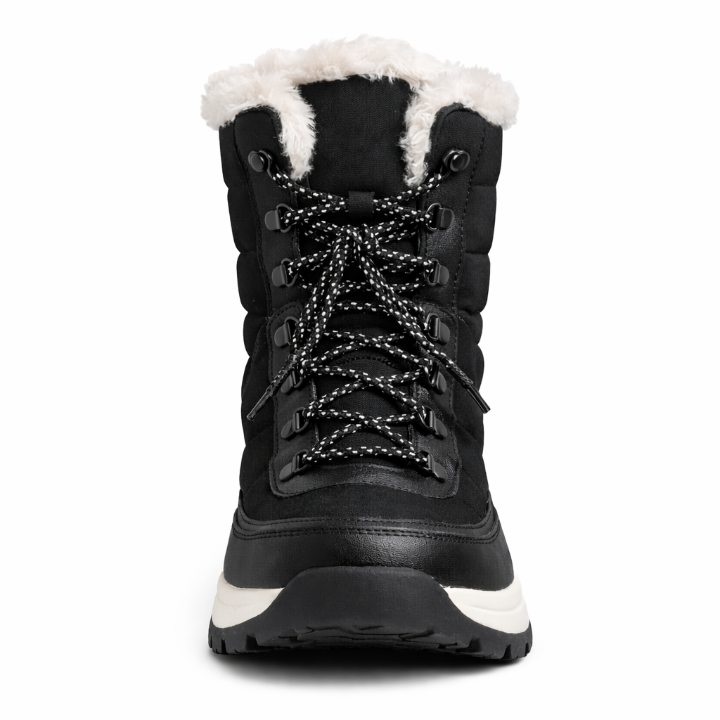 Black winter boot with white fur lining on a white background