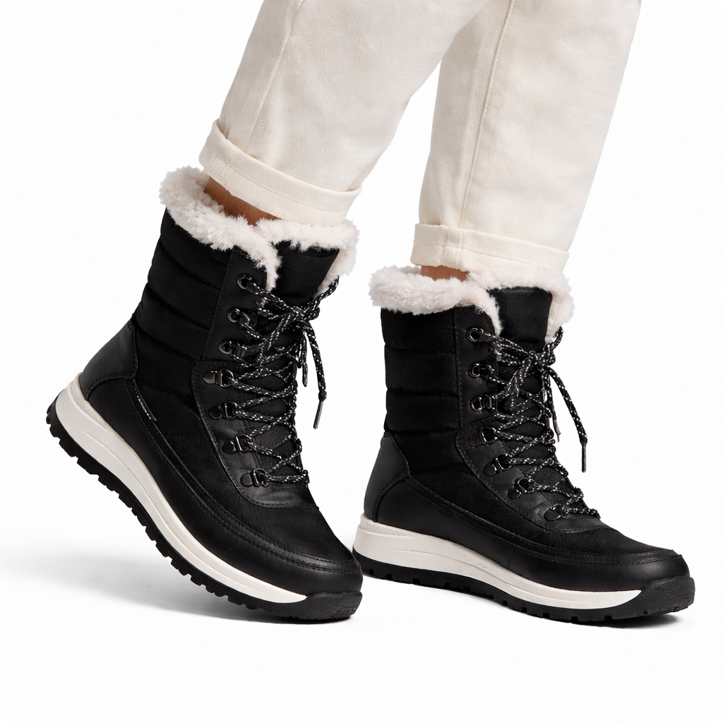Black winter boots with white fur lining worn by a person on a white background
