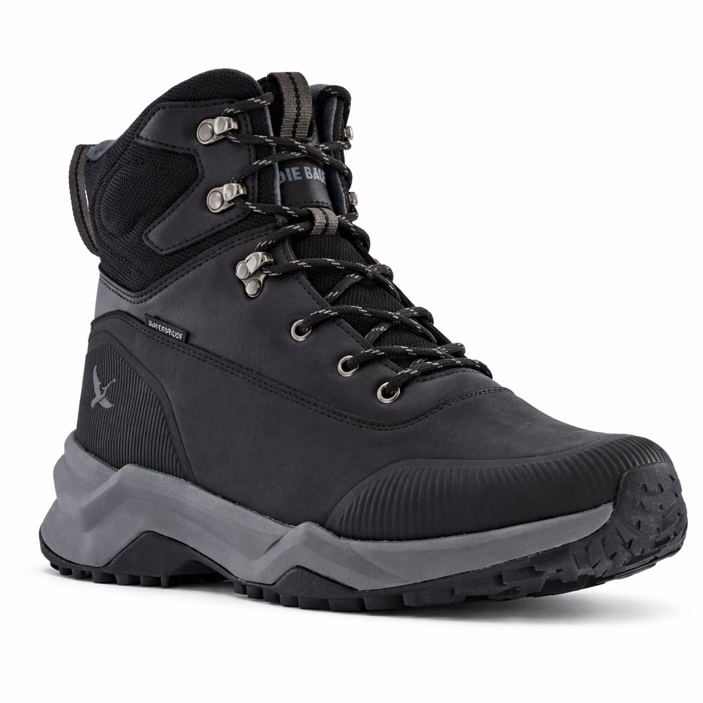 Black and gray hiking boot with brand logo on a white background
