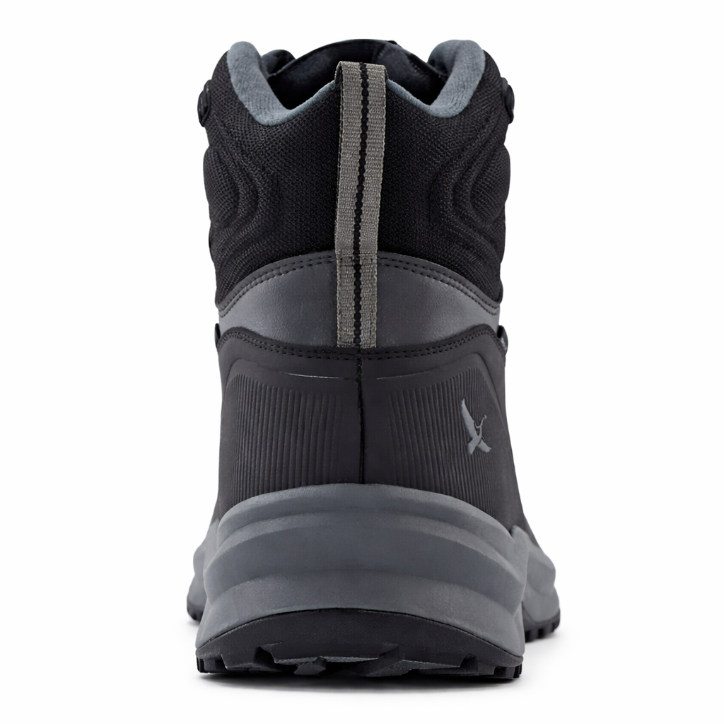 Black and gray hiking boot on a white background