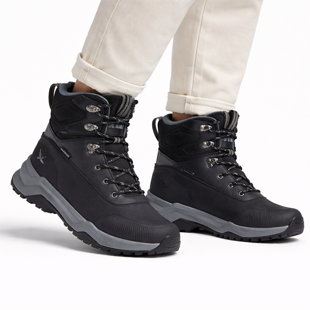 Black winter boots with gray soles worn by a person on a white background