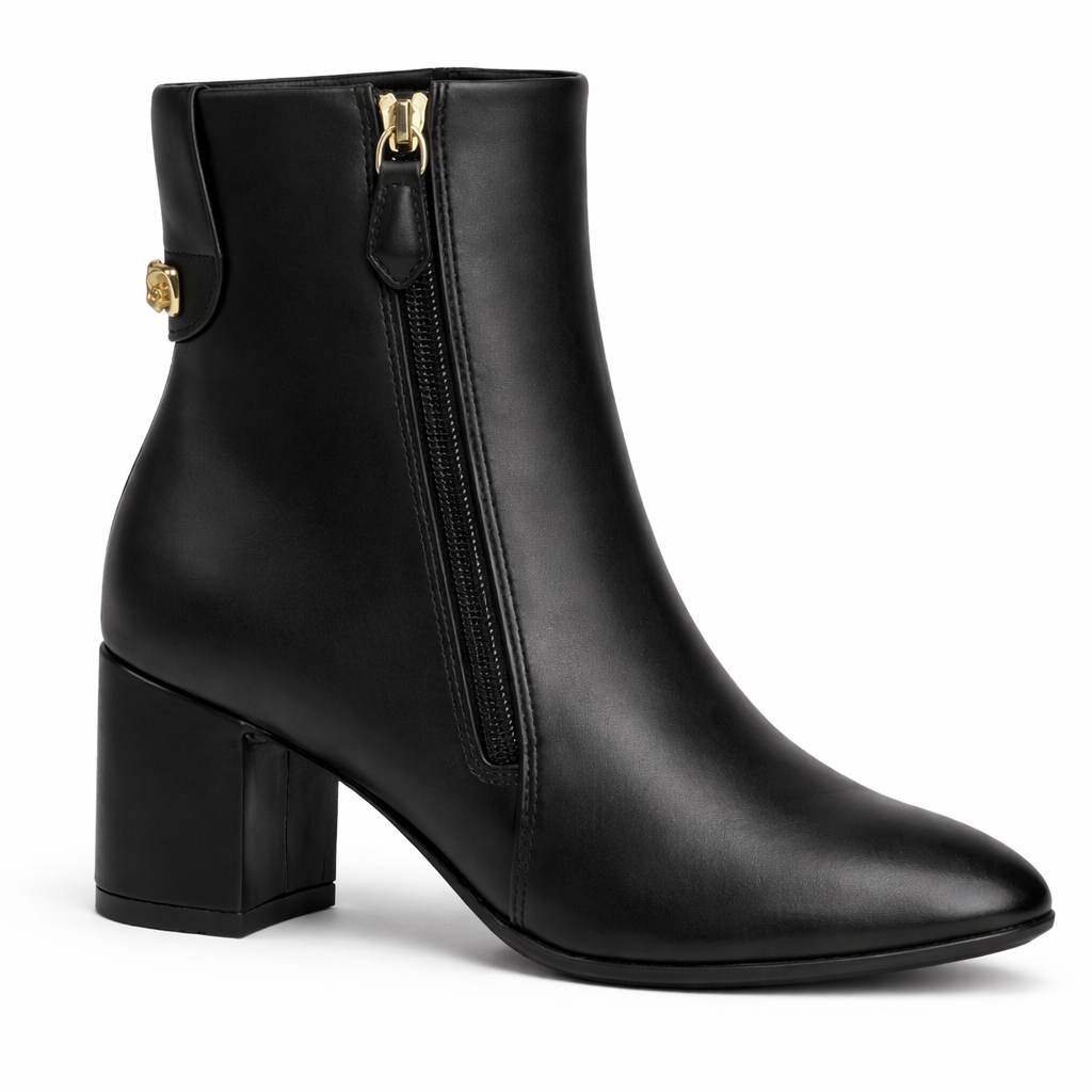 Black ankle boot with gold zipper on a white background