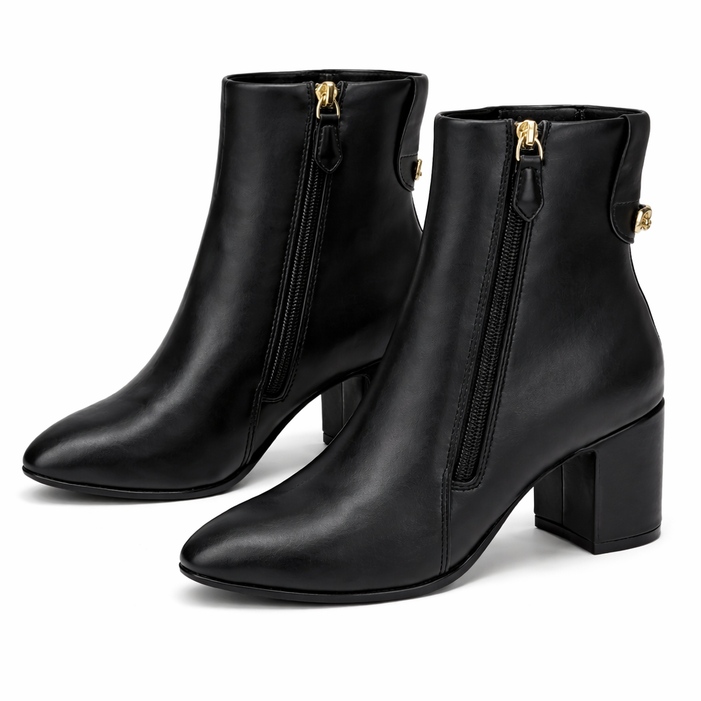 black leather ankle boots with gold zippers on a white background