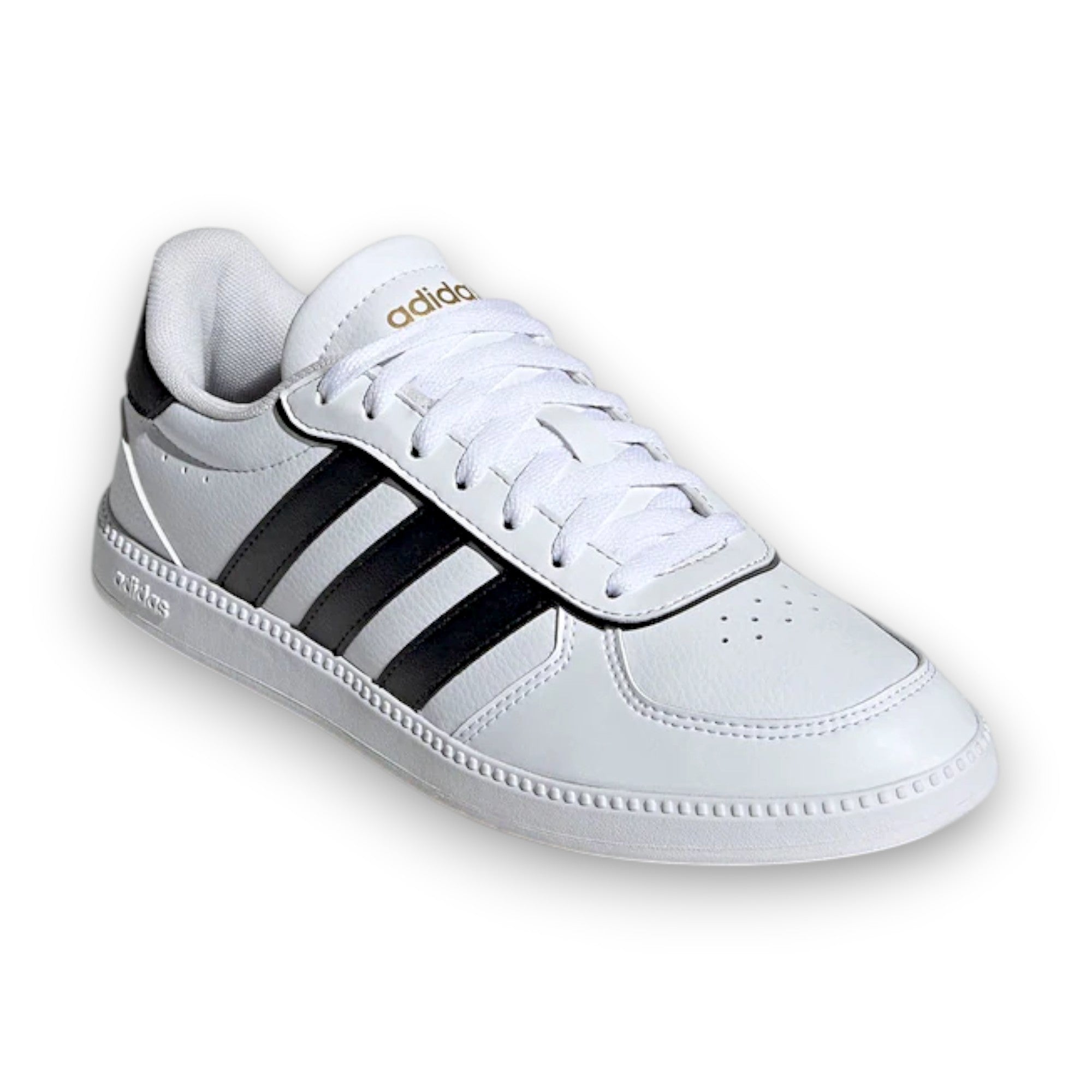 White Adidas sneaker with black stripes on a white background