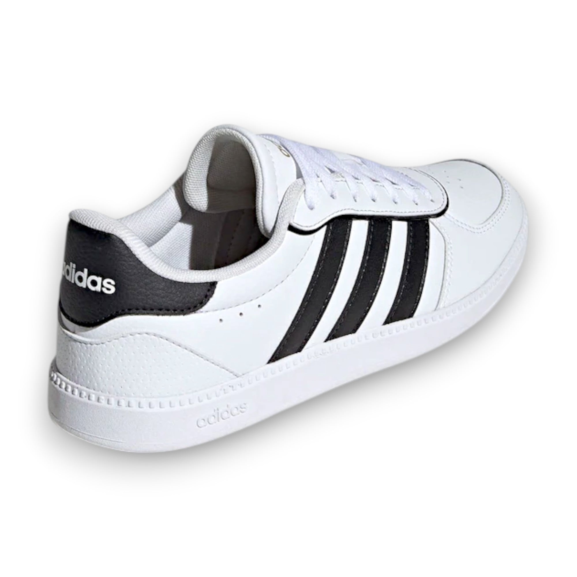 White Adidas sneaker with black stripes on a white background