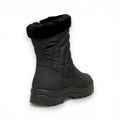 Black winter boot with fur lining on a white background