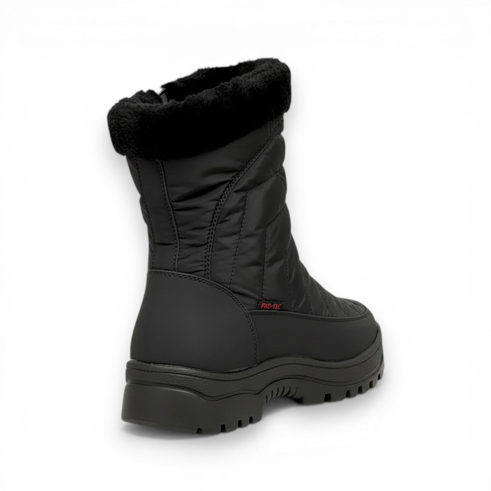 Black winter boot with fur lining on a white background
