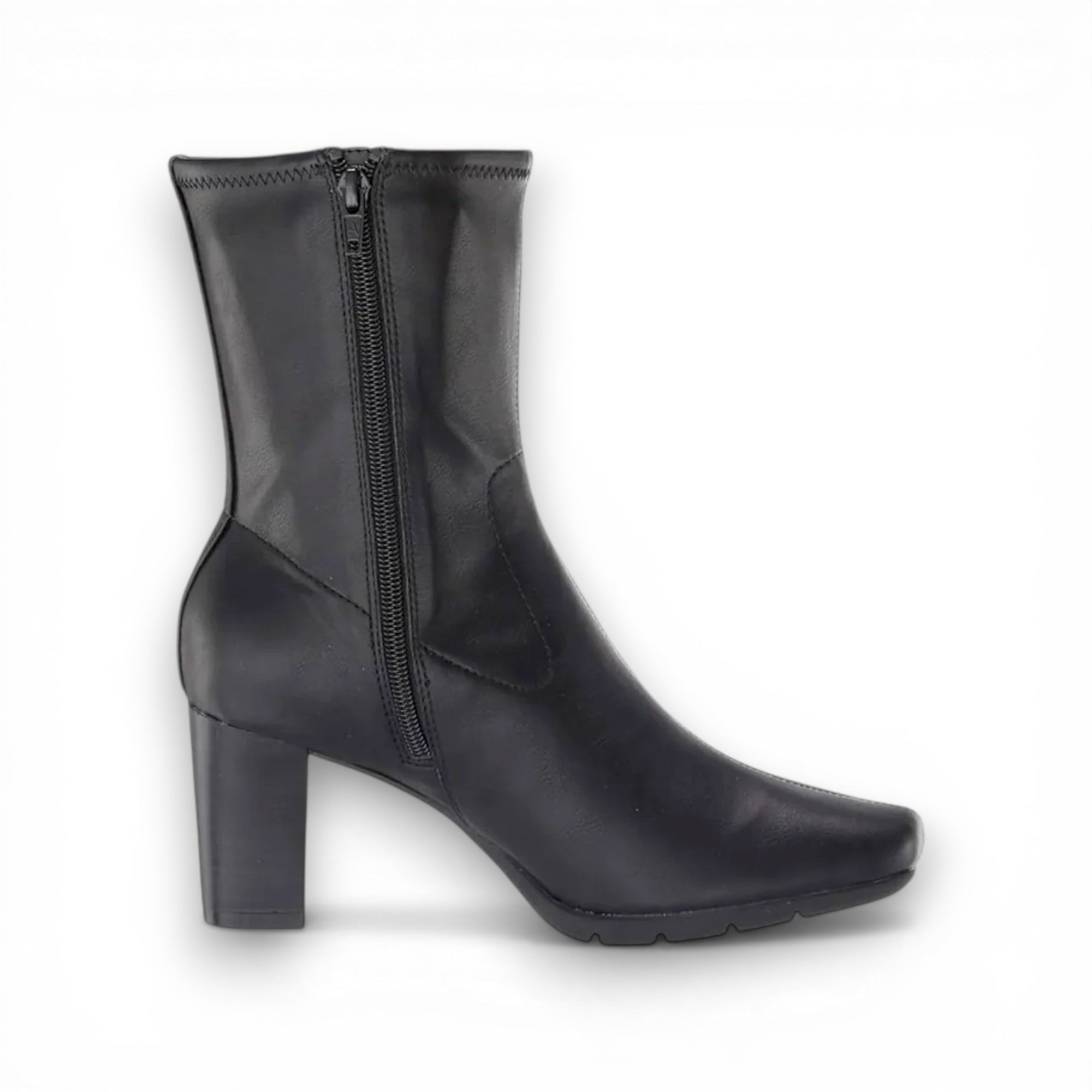 Black ankle boots with a zipper on a white background