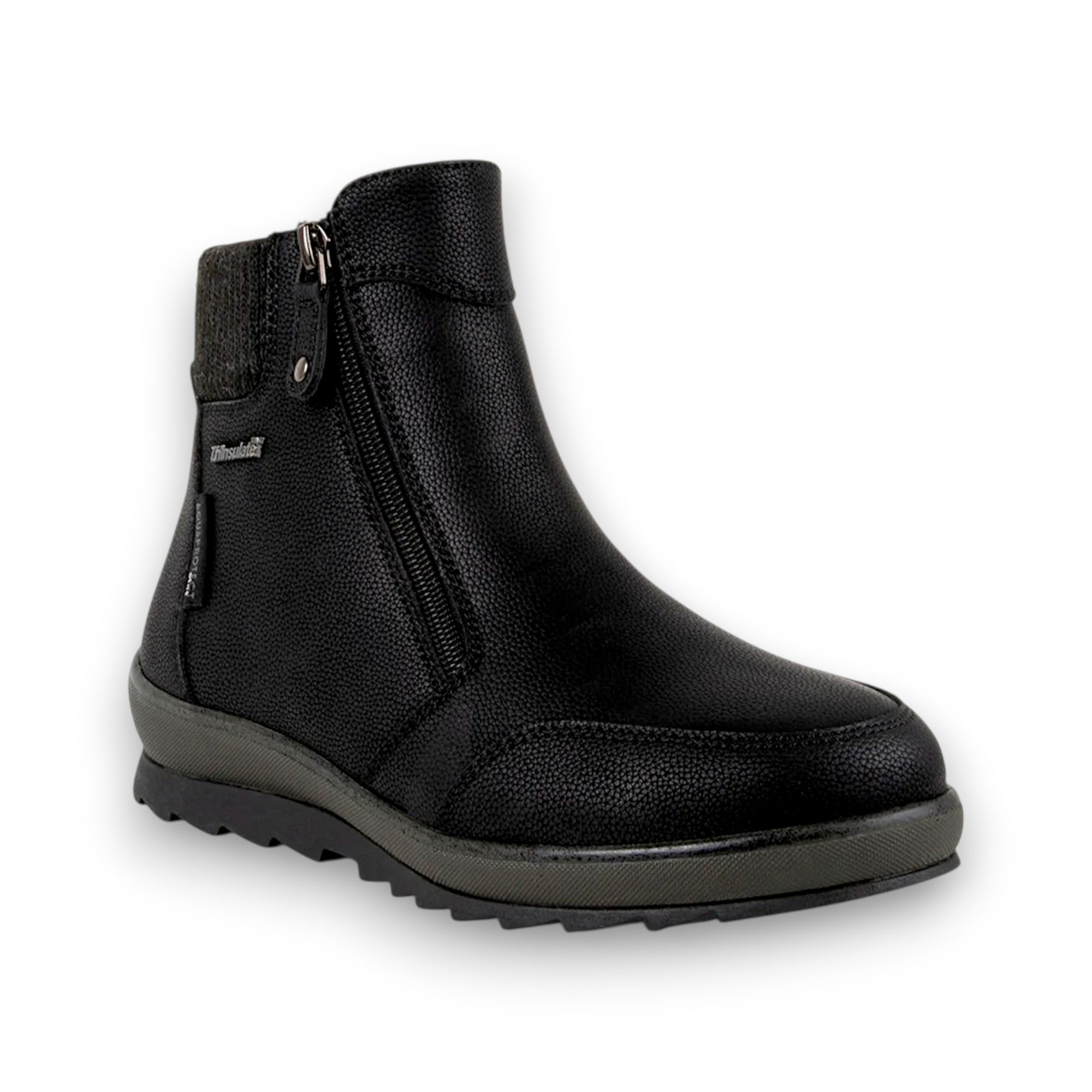 Black ankle boot with a zipper on a white background