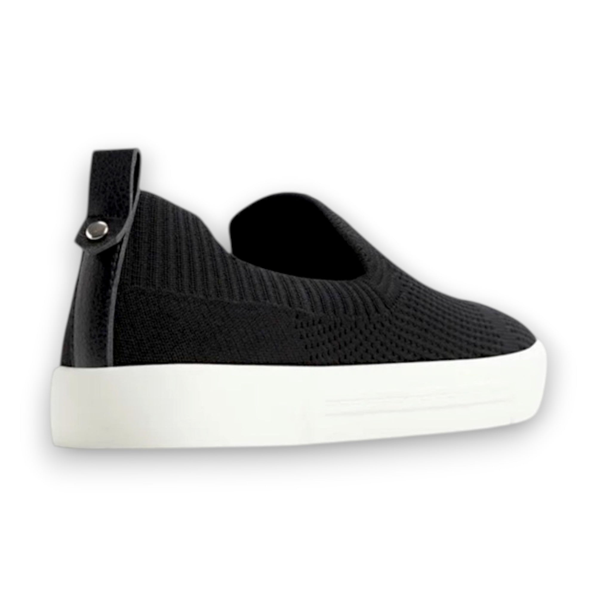Black slip-on sneaker with a white sole on a white background