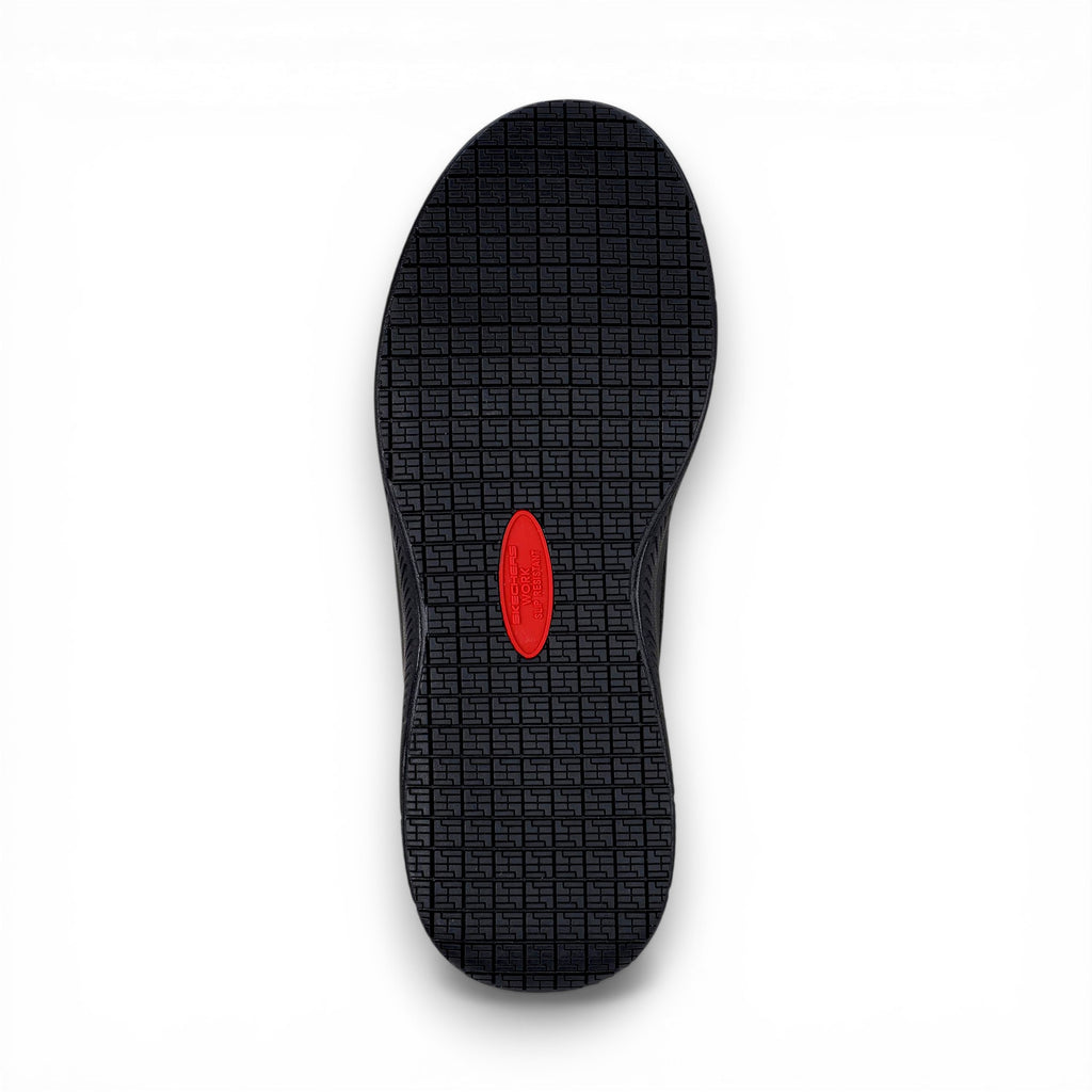 Black shoe sole with a red circular logo on a white background