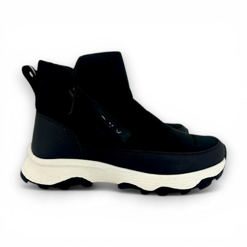 Black high-top sneakers with white soles on a white background